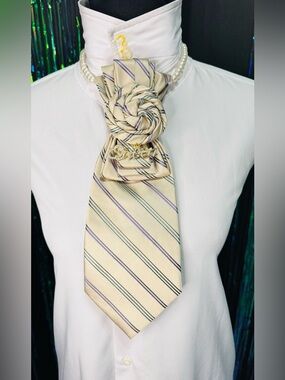 Claiborne Beige Necktie with Green and Purple Stripes featuring Queen Brooch